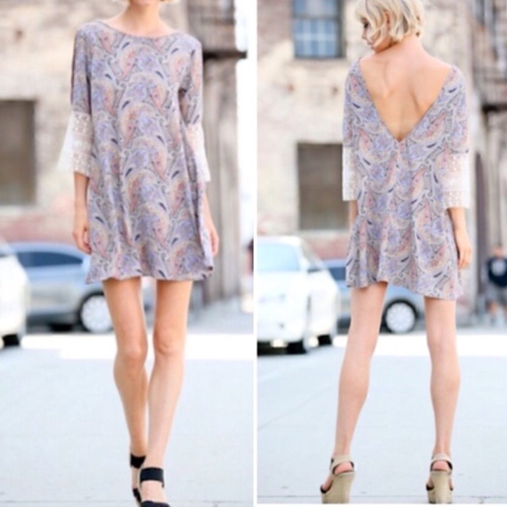 Final Price | Deep V-Backline Paisley Mini Dress with Crocheted Sleeves